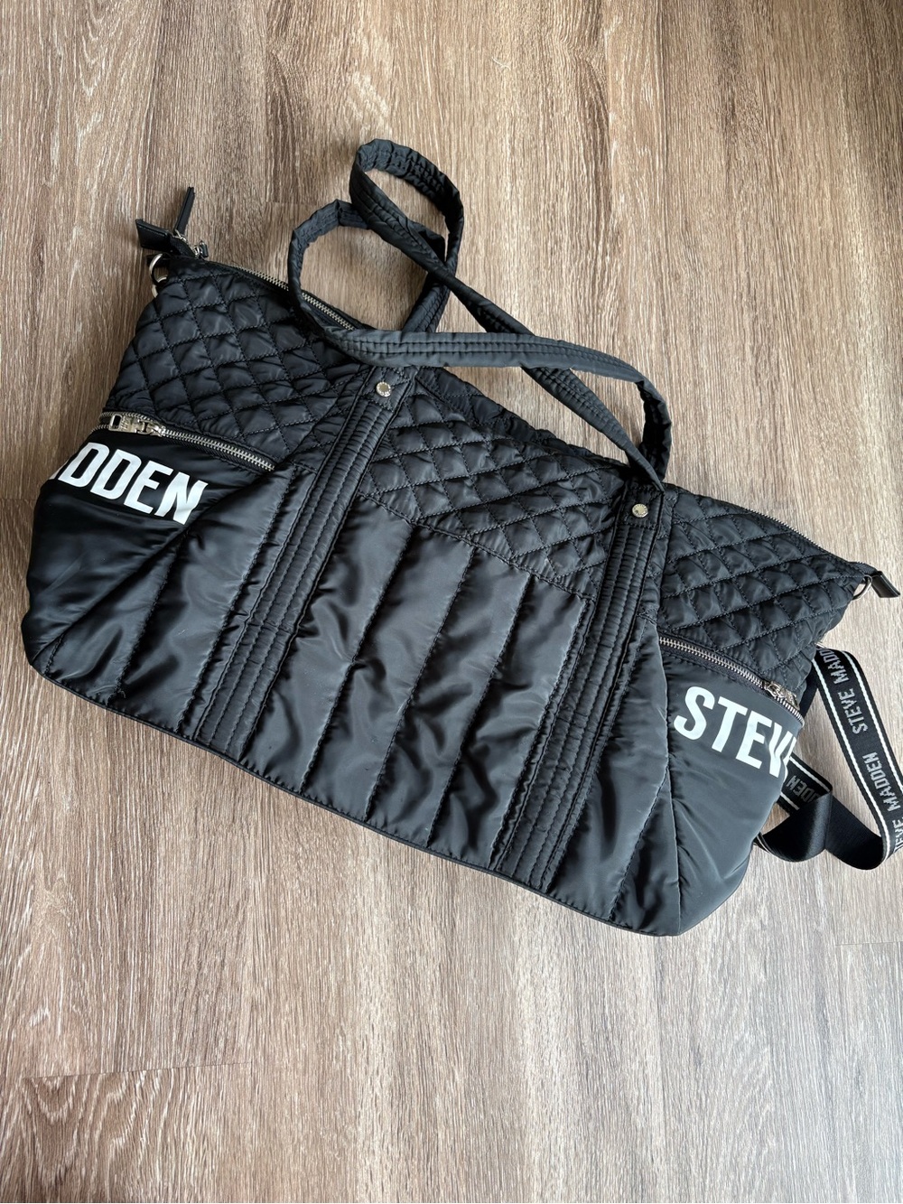 Steve Madden Black Quilted Nylon Weekender Duffel